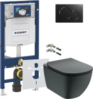 Комплект Унитаз подвесной Ideal Standard IdealMood T4665V3 безободковый, с микролифтом, матовый черный + Крепления Geberit Duofix 111.815.00.1 к стене + Звукоизоляция + Инсталляция UP 320 111.300.00.5 + Кнопка Sigma 01 115.770.DW.5 черная