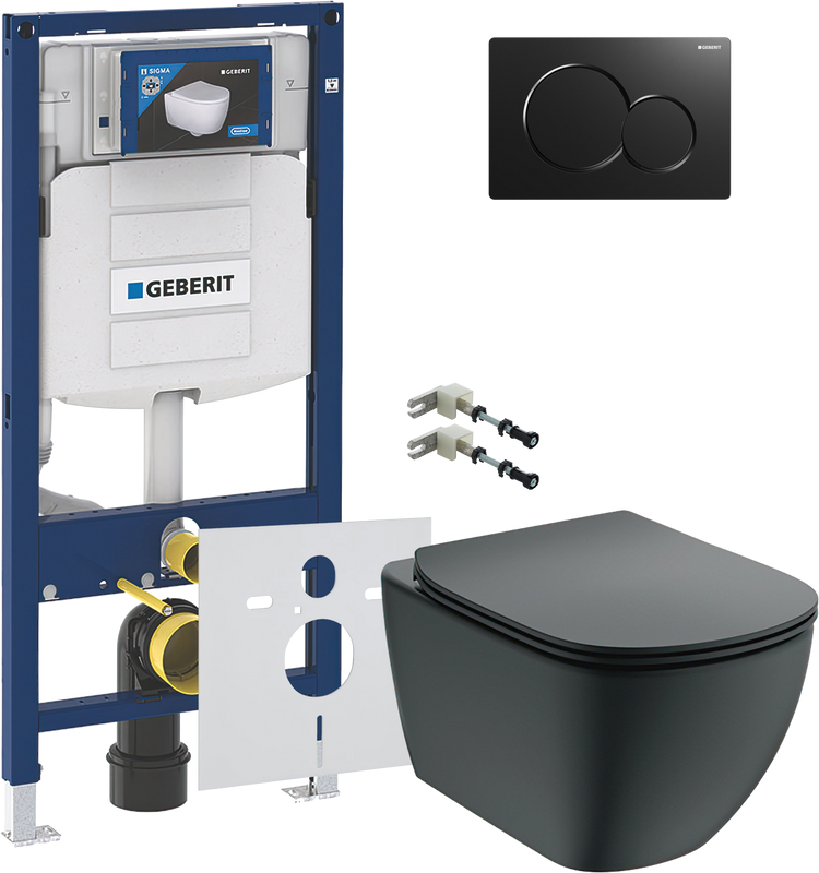 Комплект Унитаз подвесной Ideal Standard IdealMood T4665V3 безободковый, с микролифтом, матовый черный + Крепления Geberit Duofix 111.815.00.1 к стене + Звукоизоляция + Инсталляция UP 320 111.300.00.5 + Кнопка Sigma 01 115.770.DW.5 черная