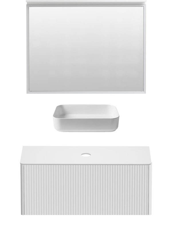 Мебель для ванной комнаты Allen Brau Gravity 120 1 ящик, с фрезеровкой, матовый белый, столешница белая, раковина Fantasy Quad 50, белая