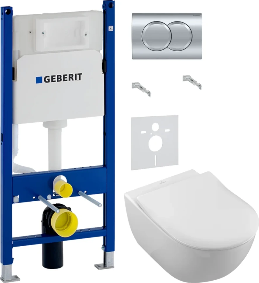 Комплект Унитаз подвесной Villeroy & Boch Subway 2.0 5614 R001 + Крышка 9M78S101 с микролифтом, петли хром + Инсталляция Geberit Duofix Delta 458.149.21.1 с кнопкой смыва, хром + Звукоизоляция