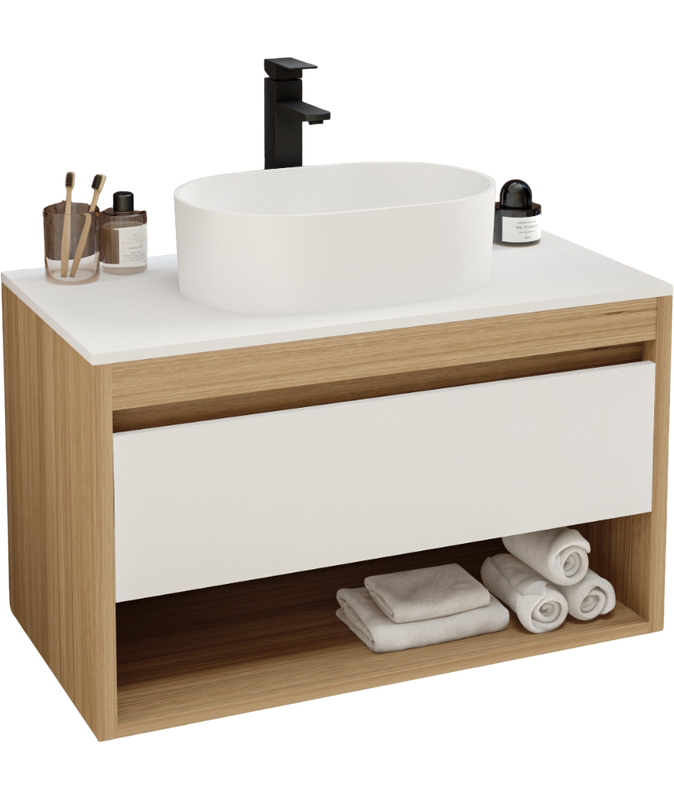 Тумба с раковиной Teymi Ritta 85 дуб эврика, матовая белая, раковина Iva 46