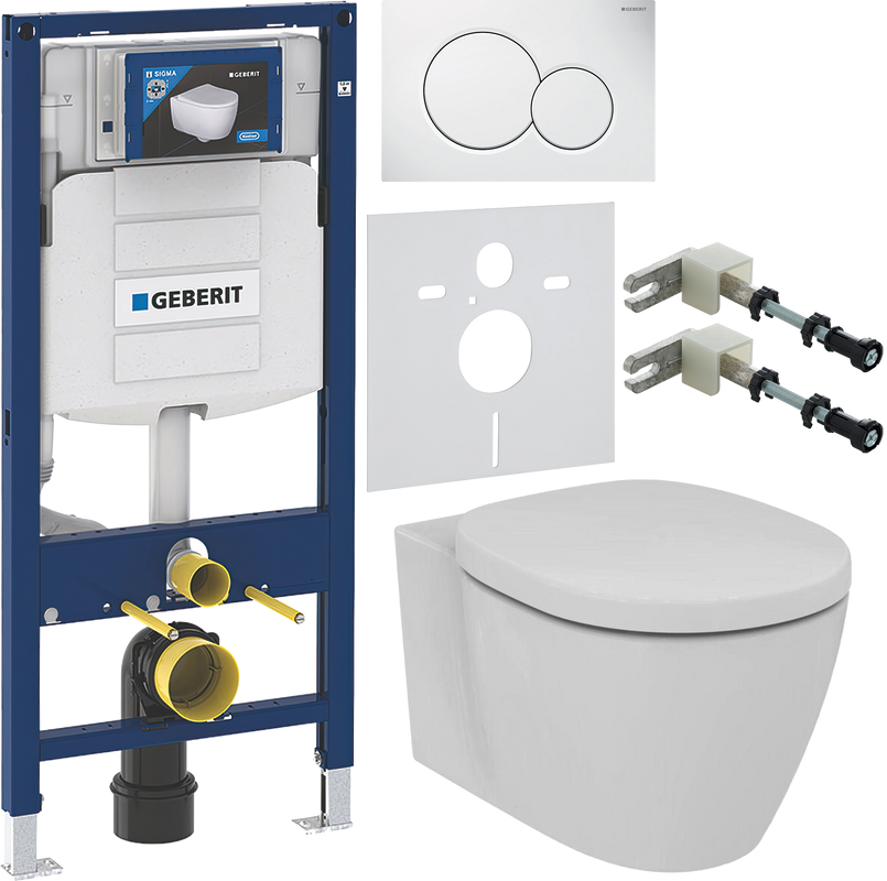 Комплект Унитаз подвесной Ideal Standard Connect AquaBlade E047901 + Крышка + Инсталляция Geberit Duofix UP 320 111.300.00.5 + Кнопка Sigma 01 115.770.11.5 белая + Крепления 111.815.00.1 к стене + Звукоизоляция