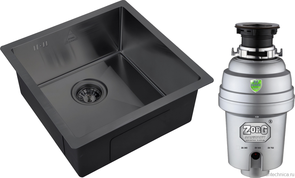 Комплект Мойка Zorg Steel Hummer SH 4444 GRAFIT + Измельчитель Inox D
