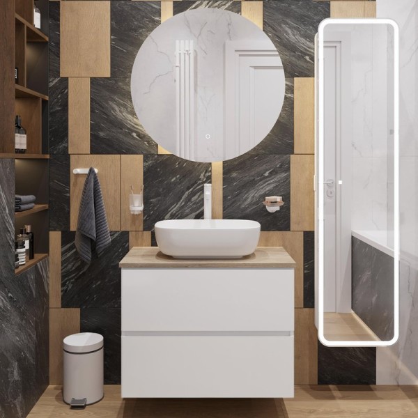 Мебель для ванной комнаты STWORKI Колдинг 80 белая, с раковиной Moduo 50 Square, столешница орех матовый