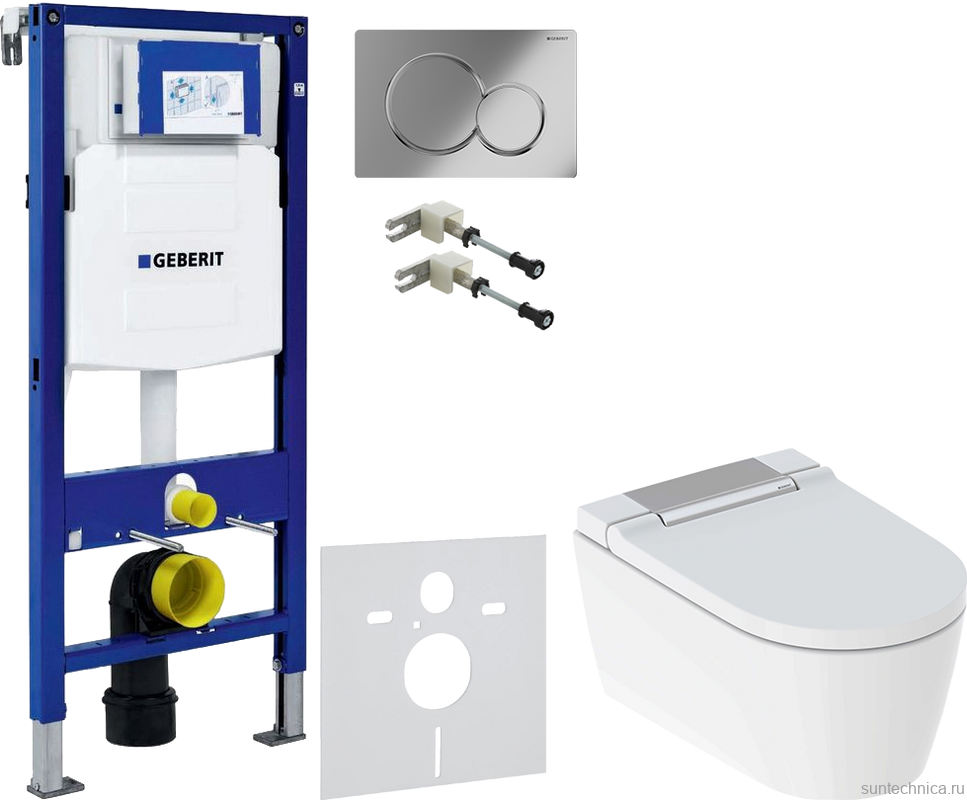 Комплект Умный унитаз Geberit AquaClean Sela 146.224.21.1 вставка глянцевый хром + Крепления Duofix 111.815.00.1 к стене + Звукоизоляция + Инсталляция UP 320 111.300.00.5 + Кнопка Sigma 01 115.770.21.5 хром