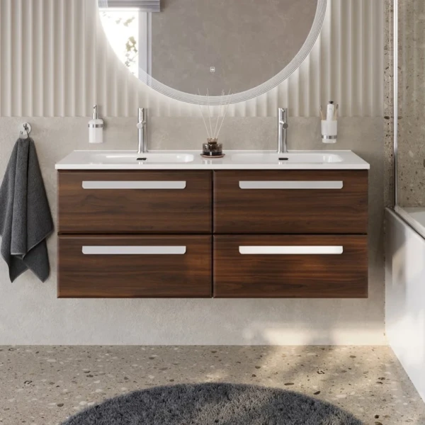 Тумба с раковиной Cezares Eco Cer-N 120 4 ящика, орех шоколад софт, раковина Duet 120, двойная, ручки сатин