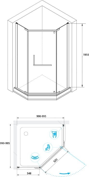 Душевой уголок RGW Hotel HO-081-B 100х100х195 см, профиль черный, стекло прозрачное