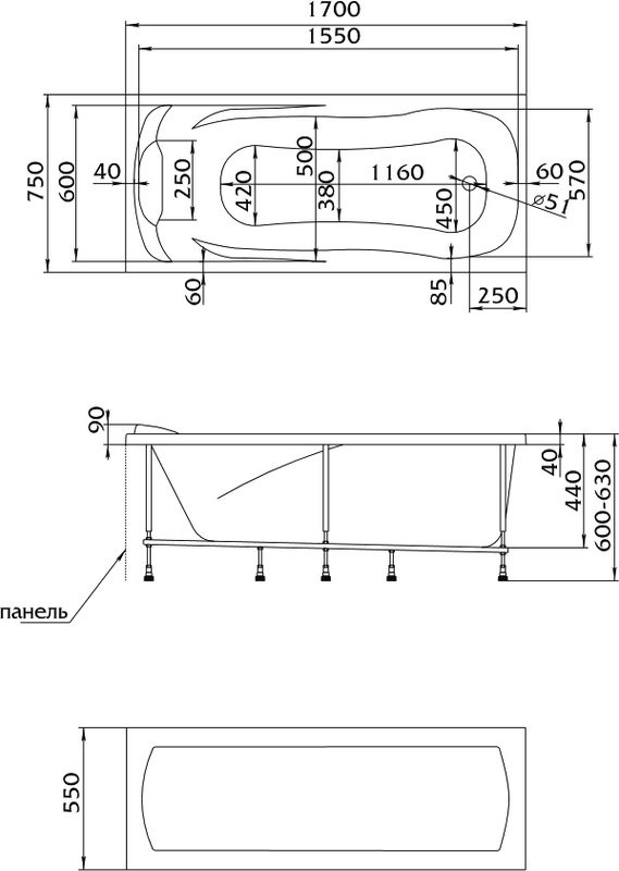 Акриловая ванна 1MarKa Calypso 170x75 см, пристенная, белая, с каркасом