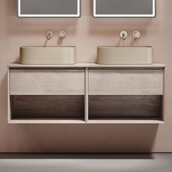 Тумба с раковиной Sancos Marmi 1.0 140 дуб галифакс натуральный, столешница бежевая TT140A2, раковина CN6052MC