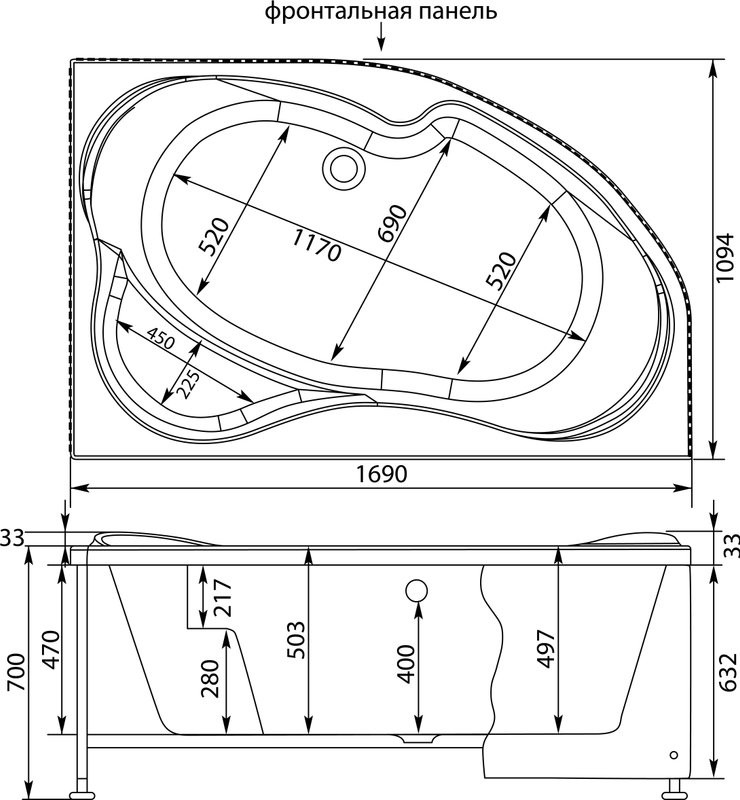 Акриловая ванна Aquanet Capri 00205387 R 170x110 см, угловая, правая, пристенная, белая, асимметричная, с каркасом, с сиденьем