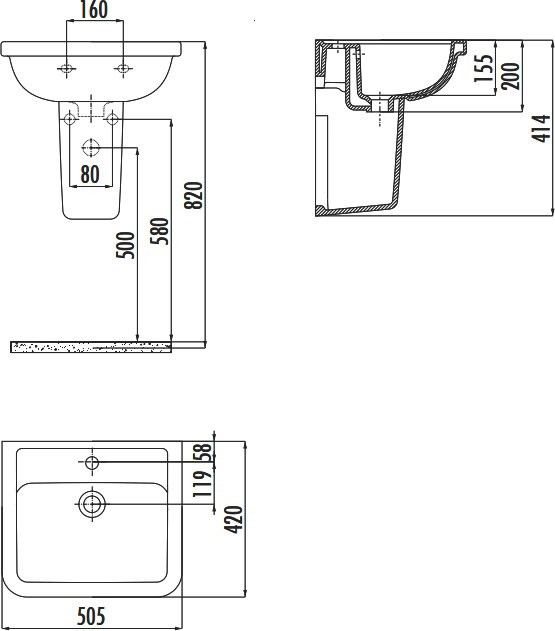 Раковина Creavit Key 51 глянцевая белая, прямоугольная, с полупьедесталом