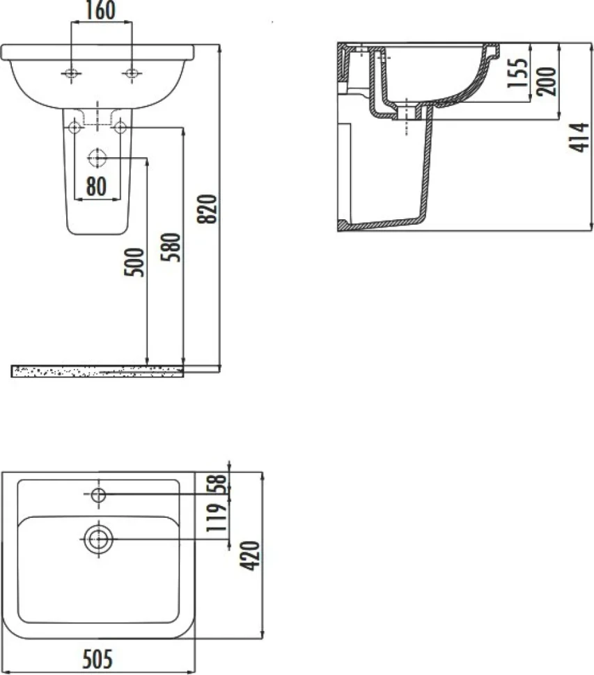 Раковина Creavit Key 51 глянцевая белая, прямоугольная, с полупьедесталом