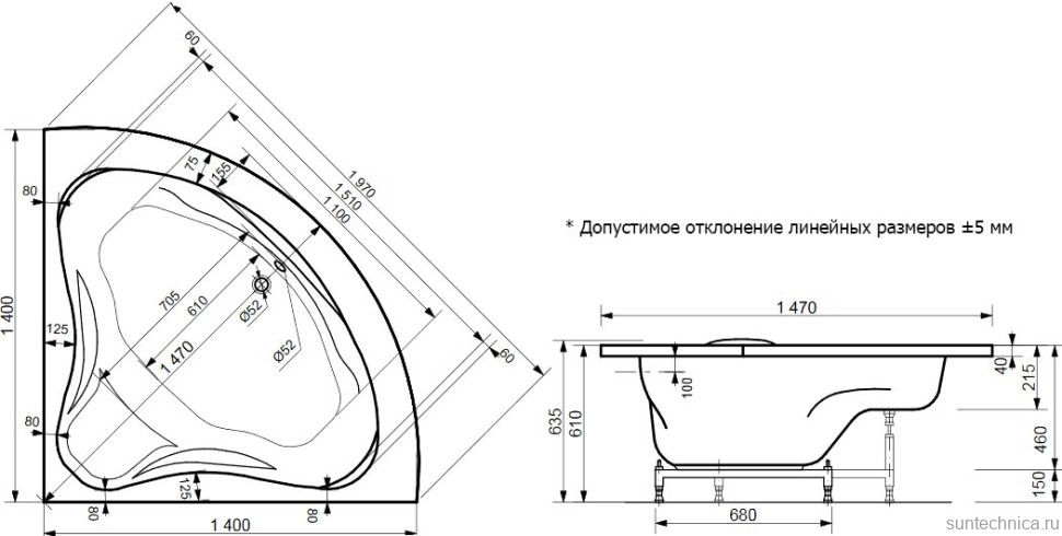 Ванна из искусственного камня Эстет Аврора 140x140 см, угловая, правая, пристенная, четверть круга, на ножках