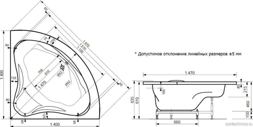 Ванна из искусственного камня Эстет Аврора 140x140 см, угловая, правая, пристенная, четверть круга, на ножках