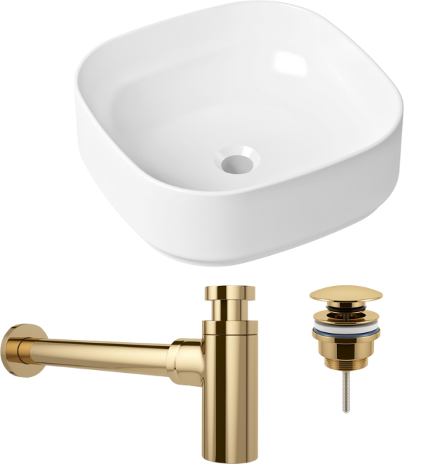 Комплект Накладная раковина Lavinia Boho Bathroom Sink Slim 33311006 + Донный клапан Wellsee Drainage System 182141000 золото + Сифон 182106000 золото