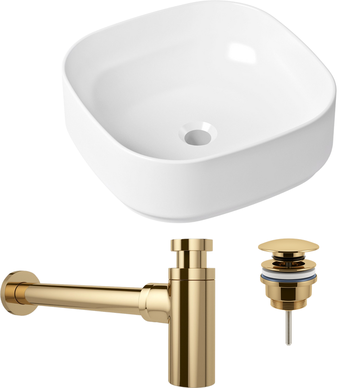 Комплект Накладная раковина Lavinia Boho Bathroom Sink Slim 33311006 + Донный клапан Wellsee Drainage System 182141000 золото + Сифон 182106000 золото