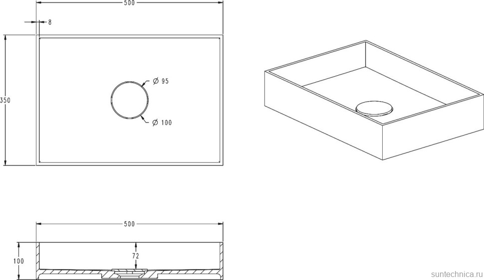 Накладная раковина Abber Stein AS2621 50 матовая белая, прямоугольная, искусственный камень