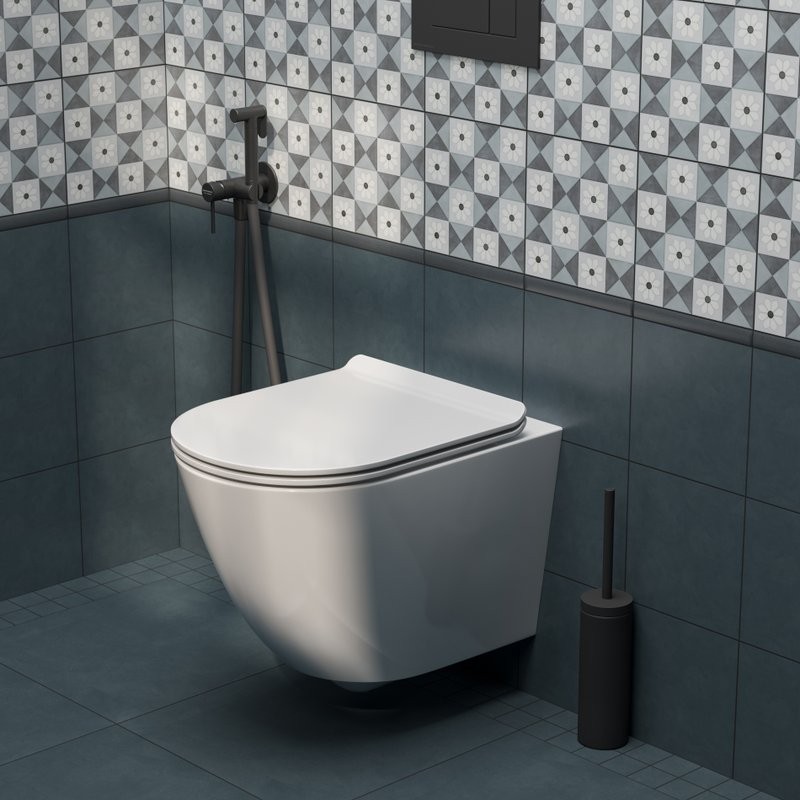Комплект Унитаз подвесной KERAMA MARAZZI Sfera SF.wc.02 безободковый, с микролифтом, глянцевый белый + Инсталляция + Кнопка FPS.A.BLK.M черный мат