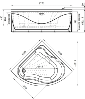 Акриловая ванна Radomir Vannesa Massage Альтея классик 125x125 см, угловая, пристенная, с гидромассажем, белая, четверть круга, с каркасом, с экраном, со сливом-переливом