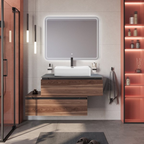 Мебель для ванной комнаты Cezares Slider 100 подвесная, 2 ящика, дымчатый орех, со столешницей marmo nero opaco