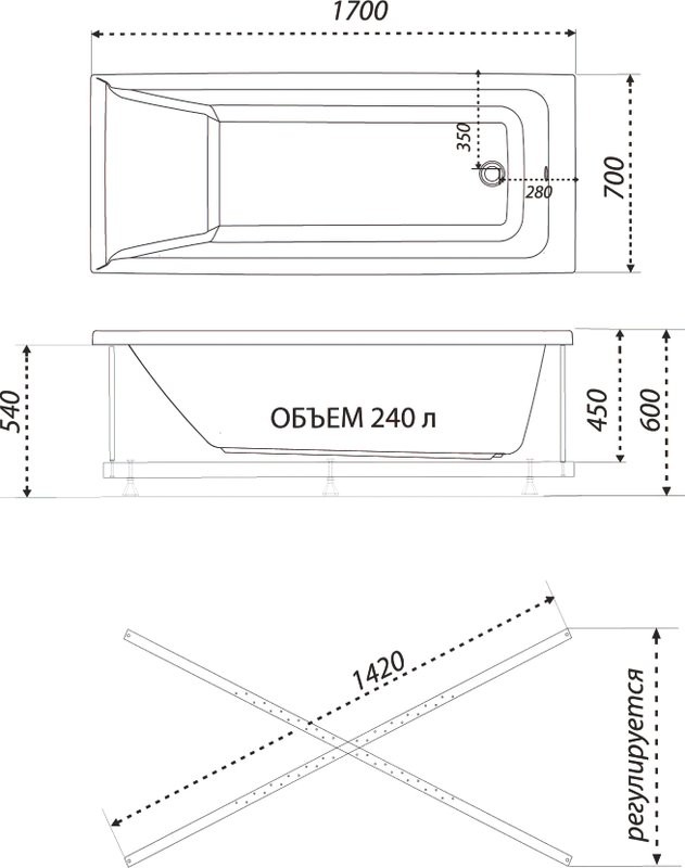 Акриловая ванна 1ACReal Тори 170x70 см, правая, пристенная, белая, с каркасом, с экраном
