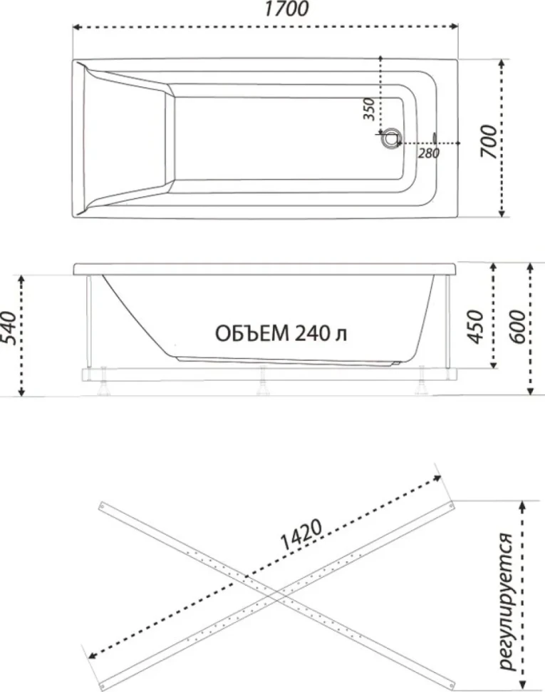 Акриловая ванна 1ACReal Тори 170x70 см, правая, пристенная, белая, с каркасом, с экраном