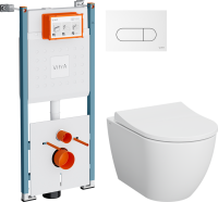 Комплект Унитаз подвесной VitrA Mia Round SmoothFlush 7510B003-0075 безободковый + Крышка 801-003-019 с микролифтом + Инсталляция V-Fix Core 732-5800-01PV + Кнопка Root Round 740-2200 белая глянцевая
