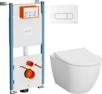 Комплект Унитаз подвесной VitrA Mia Round SmoothFlush 7510B003-0075 безободковый + Крышка 801-003-019 с микролифтом + Инсталляция V-Fix Core 732-5800-01PV + Кнопка Root Round 740-2200 белая глянцевая