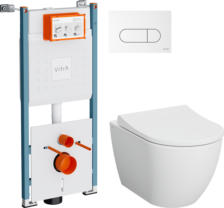Комплект Унитаз подвесной VitrA Mia Round SmoothFlush 7510B003-0075 безободковый + Крышка 801-003-019 с микролифтом + Инсталляция V-Fix Core 732-5800-01PV + Кнопка Root Round 740-2200 белая глянцевая