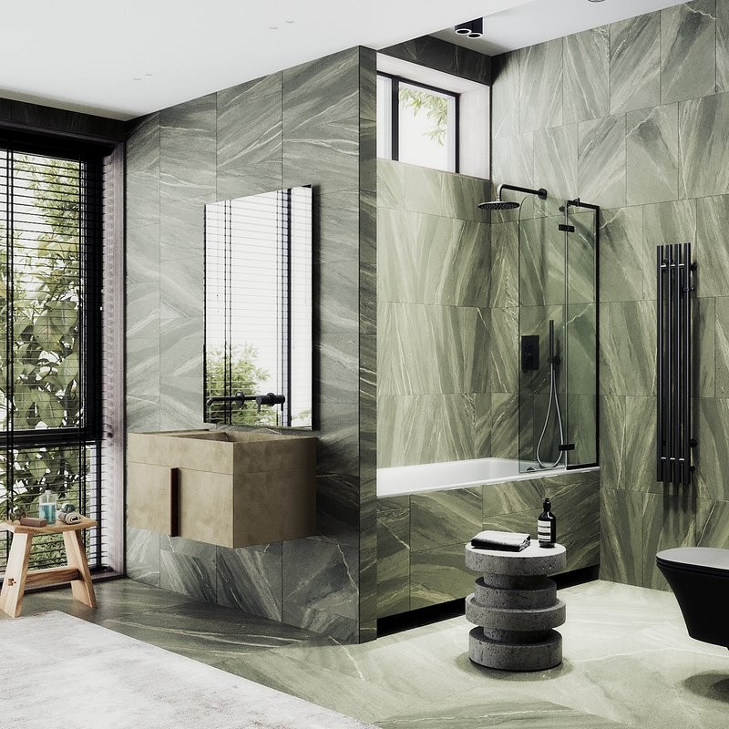 Шторка на ванну Maybahglass MGV-915-6 99 см, профиль черный, стекло прозрачное