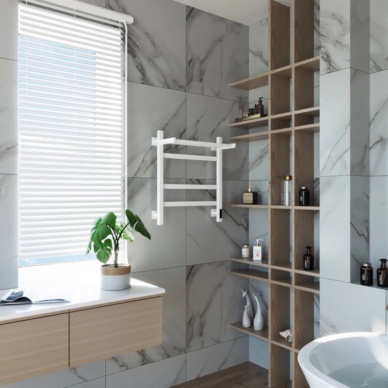 Полотенцесушитель электрический Grota Tela 530х600 RAL9016 EL 60x55 см, подключение справа, слева, скрытое подключение справа, матовый белый, лесенка, из стали, с полкой