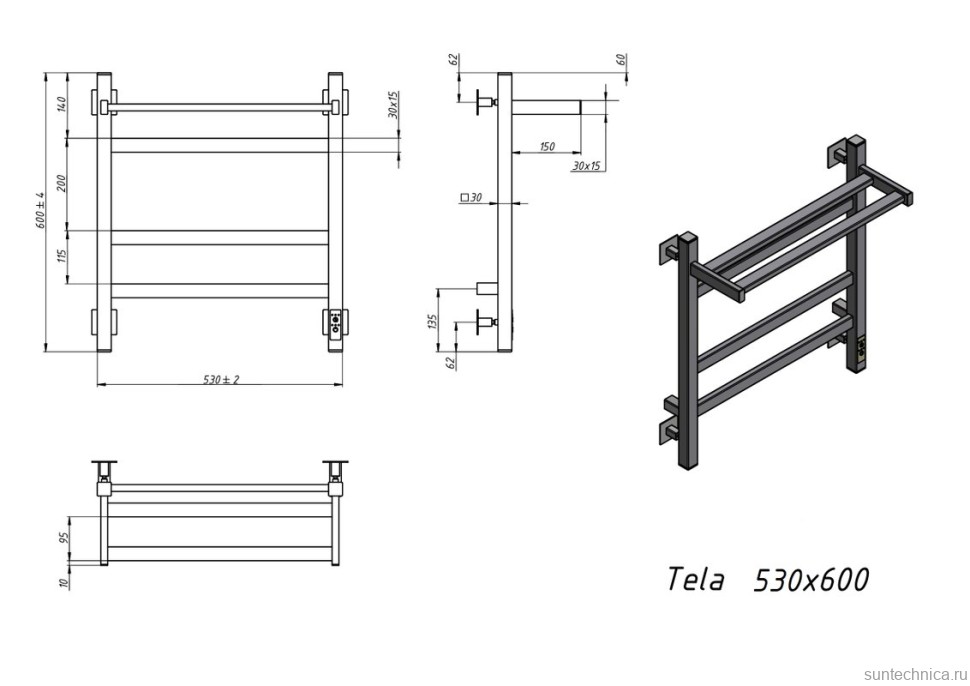 Полотенцесушитель электрический Grota Tela 530х600 RAL9016 EL 60x55 см, подключение справа, слева, скрытое подключение справа, матовый белый, лесенка, из стали, с полкой