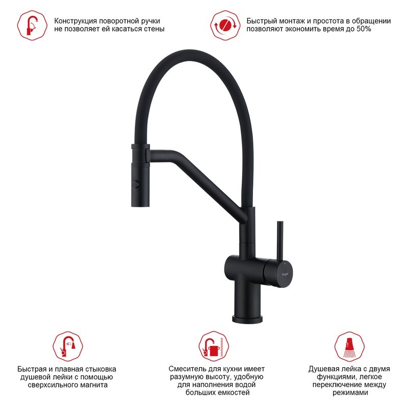 Смеситель для кухни со съемным изливом на магните Raglo R86.41.06, черный
