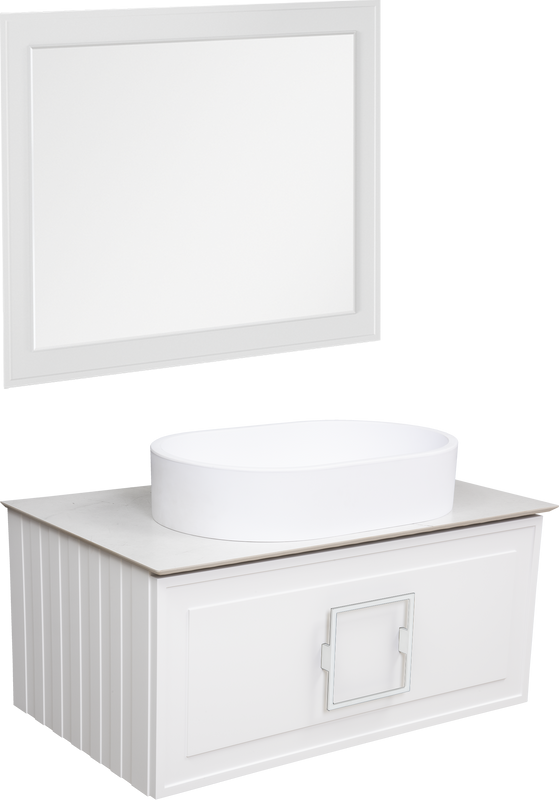 Мебель для ванной комнаты La Fenice Cubo 80 подвесная, белая, ручка белая, столешница белый мрамор, раковина матовая белая