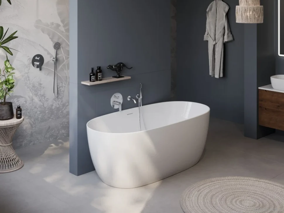 Акриловая ванна BelBagno BB415 170x80 см, отдельностоящая, белая, овальная, со сливом-переливом, с донным клапаном