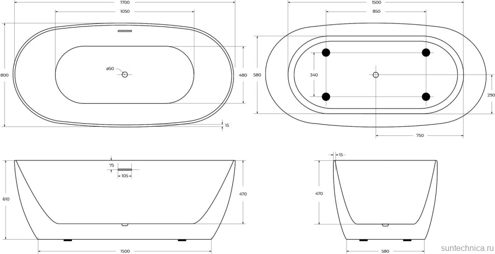 Акриловая ванна BelBagno BB415 170x80 см, отдельностоящая, белая, овальная, со сливом-переливом, с донным клапаном