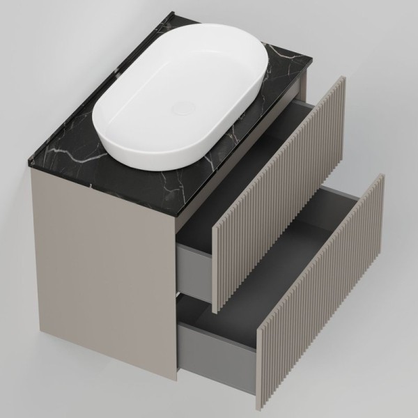 Тумба под раковину со столешницей La Fenice Terra Twin 80 подвесная, cappuccino, бежевая матовая, столешница черный мрамор