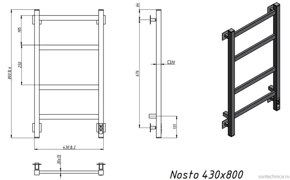 Полотенцесушитель электрический Grota Nosto 430х800 NP EL 80x45 см, подключение справа, слева, скрытое подключение справа, глянцевый хром, лесенка