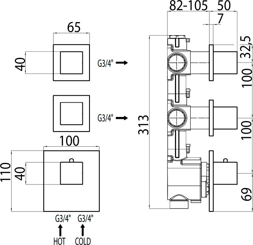 Термостатический смеситель встраиваемый Bossini Cube 2 Outlets LP Z032203 для ванны с душем, хром