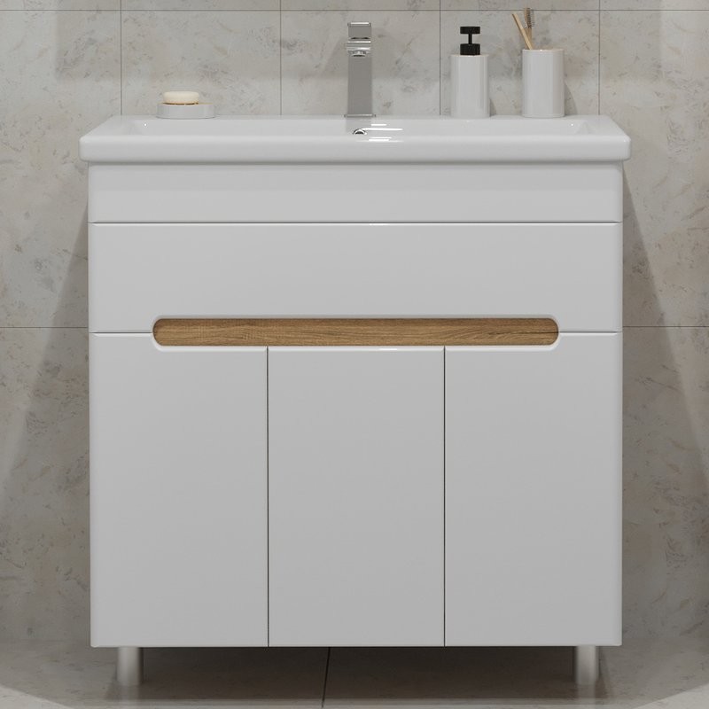 Тумба под раковину без столешницы SanStar Модена 80 напольная, глянцевая белая, дуб вотан