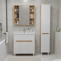 Тумба под раковину без столешницы SanStar Модена 80 напольная, глянцевая белая, дуб вотан