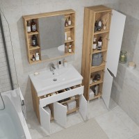 Тумба под раковину без столешницы SanStar Модена 80 напольная, глянцевая белая, дуб вотан