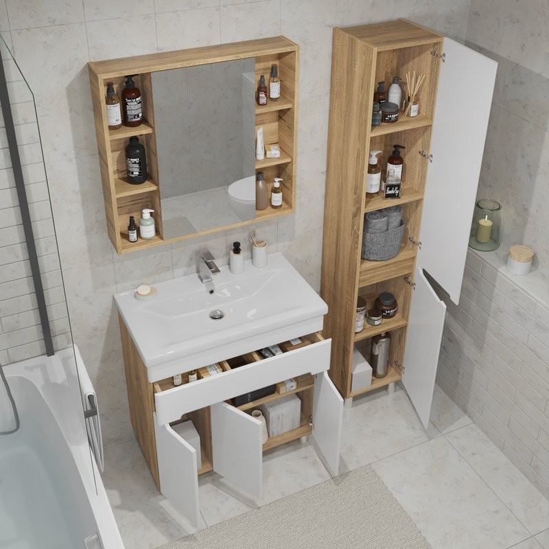 Тумба под раковину без столешницы SanStar Модена 80 напольная, глянцевая белая, дуб вотан