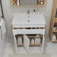 Тумба под раковину без столешницы SanStar Модена 80 напольная, глянцевая белая, дуб вотан