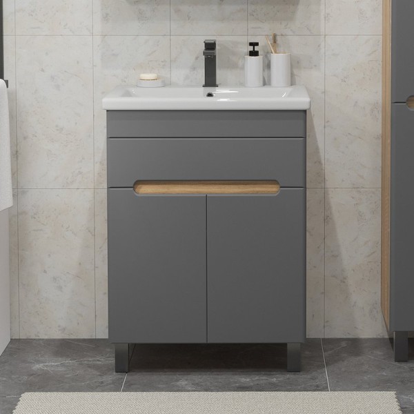 Тумба с раковиной SanStar Модена 50 напольная, графит софт, дуб вотан, раковина Como 50