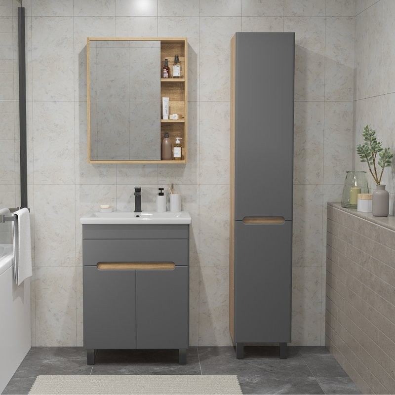 Тумба с раковиной SanStar Модена 50 напольная, графит софт, дуб вотан, раковина Como 50