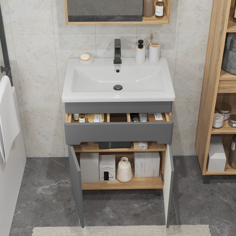 Тумба с раковиной SanStar Модена 50 напольная, графит софт, дуб вотан, раковина Como 50