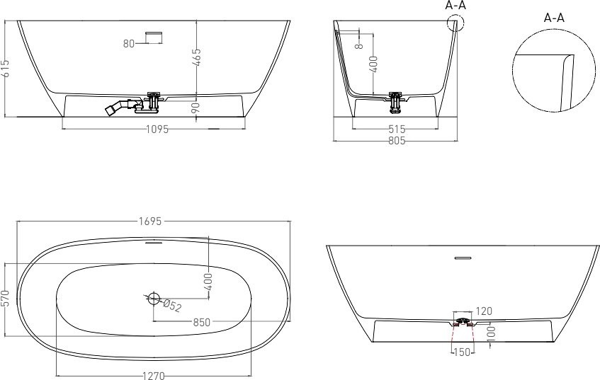 Ванна из искусственного камня Salini Sofia S-Stone 170x80 см, отдельностоящая, матовая белая, овальная, с донным клапаном