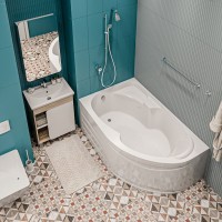 Акриловая ванна 1MarKa Diana L Премиум 170x90 см, угловая, левая, пристенная, белая, асимметричная, с каркасом, с экраном, с сиденьем, со сливом-переливом
