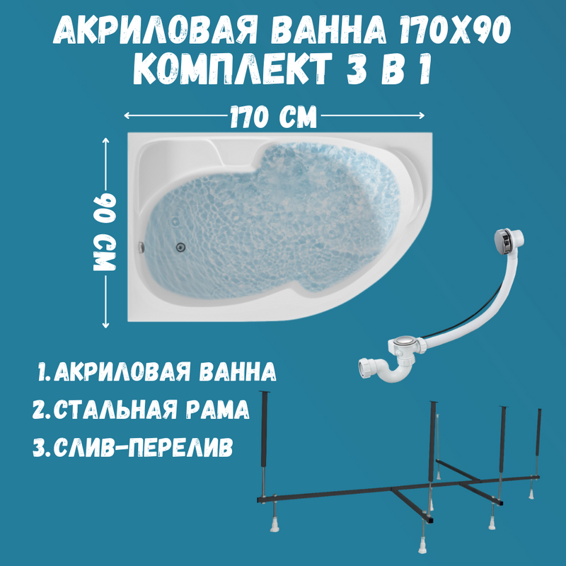 Акриловая ванна 1MarKa Diana L Премиум 170x90 см, угловая, левая, пристенная, белая, асимметричная, с каркасом, с экраном, с сиденьем, со сливом-переливом